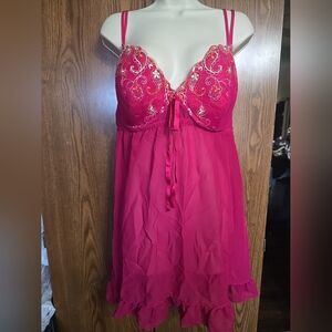 Cacique, Elegant Pink, Embroidered, Sheer Babydoll Lingerie, Sz 22/24